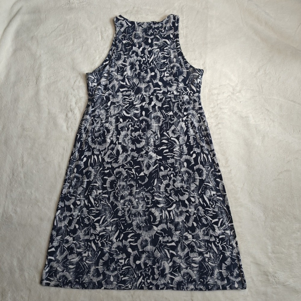 Athleta Medium Santorini Dress navy blue‎ white Tropical Floral Fit Flare A-Line - Picture 8 of 11
